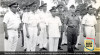 Menteri Kabinet Dwikora  berbaris dalam acara Apel Kesetiaan kepada Presiden Sukarno di halaman Istana Merdeka. Tampak Sri Sultan Hamengku Buwono IX dan Jenderal AH. Nasution. 20 Januari 1966