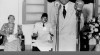 Ketua Palang Merah Indonesia Pusat dr. Bahder Djohan memberikan sambutan pada kegiatan donor darah di Dinas Transfusi Darah PMI, Jalan Kramat 101, Jakarta, tampak dibelakang Presiden Sukarno. 28 Juni 1954.